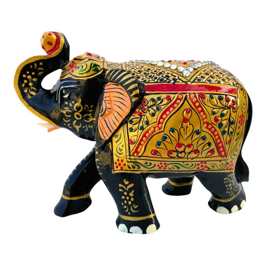Handcrafted Wooden Elephant Figurine – Traditional Artwork, Gold & Gemstone Embellishments – Lucky Decorative Elephant Statue for Prosperity | Beautiful Elefantes Decorativos para Sala (Black & Gold)