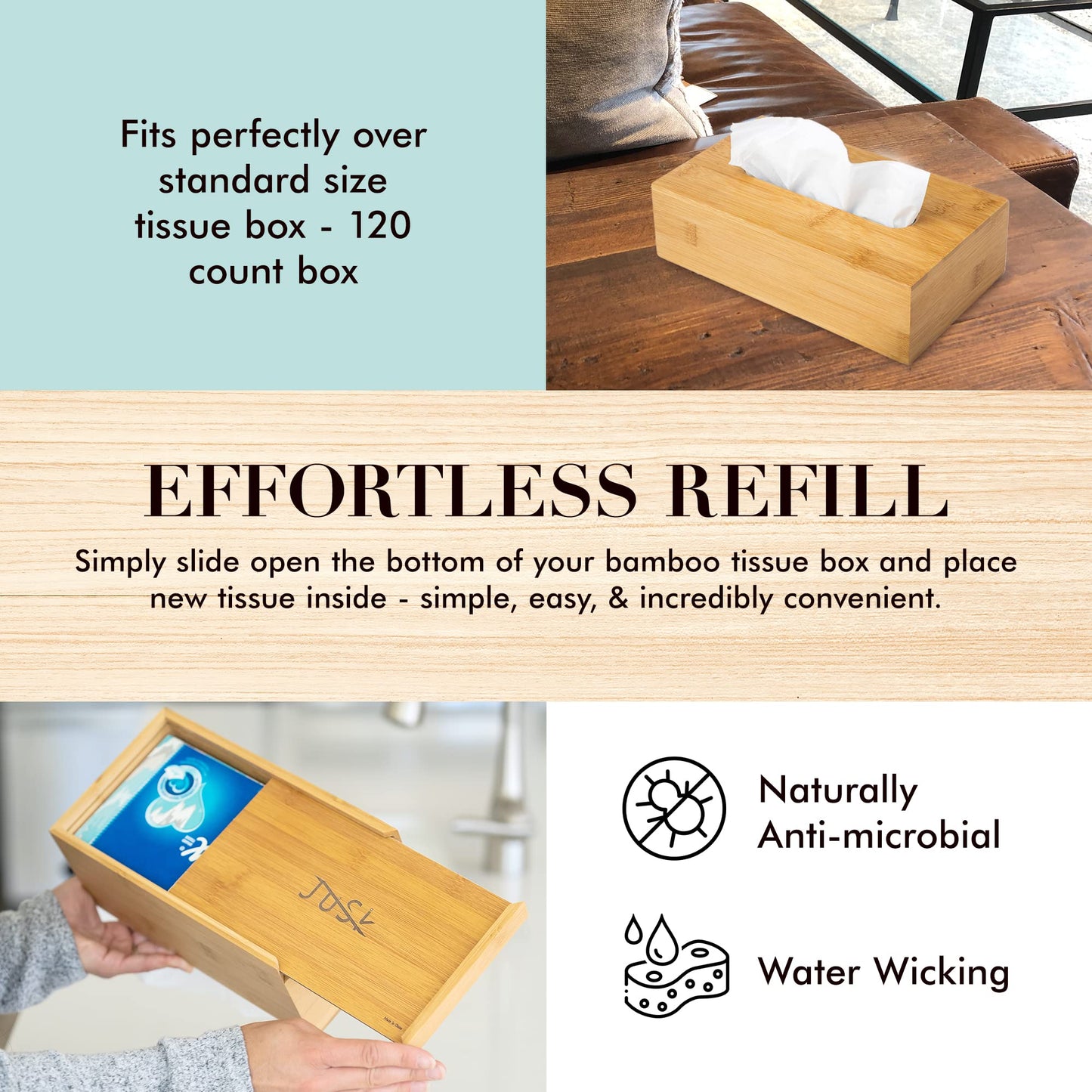 JUSK Design Tissue Box Holder - Modern, Minimalist, and Durable Wooden Tissue Box with Sliding Bottom, Easy-Refill- Premium-Quality Bamboo Tissue Box Cover, Fits 120-Count Box, Short Rectangular