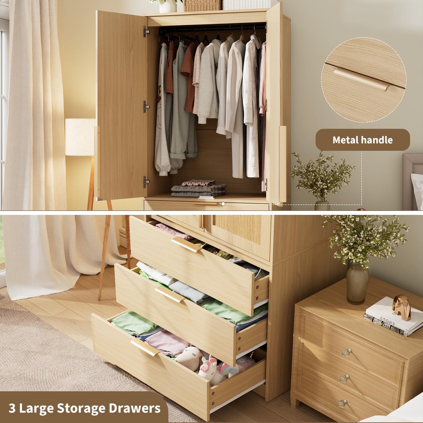 GarveeHome Armoire Wardrobe Closet, 69.5 in Wooden Wardrobe Cabinet with 3 Drawers, Hanging Rod, 2 Doors Clothing Storage Cabinet for Bedroom, Large Capacity Storage, Rattan Door, Natural