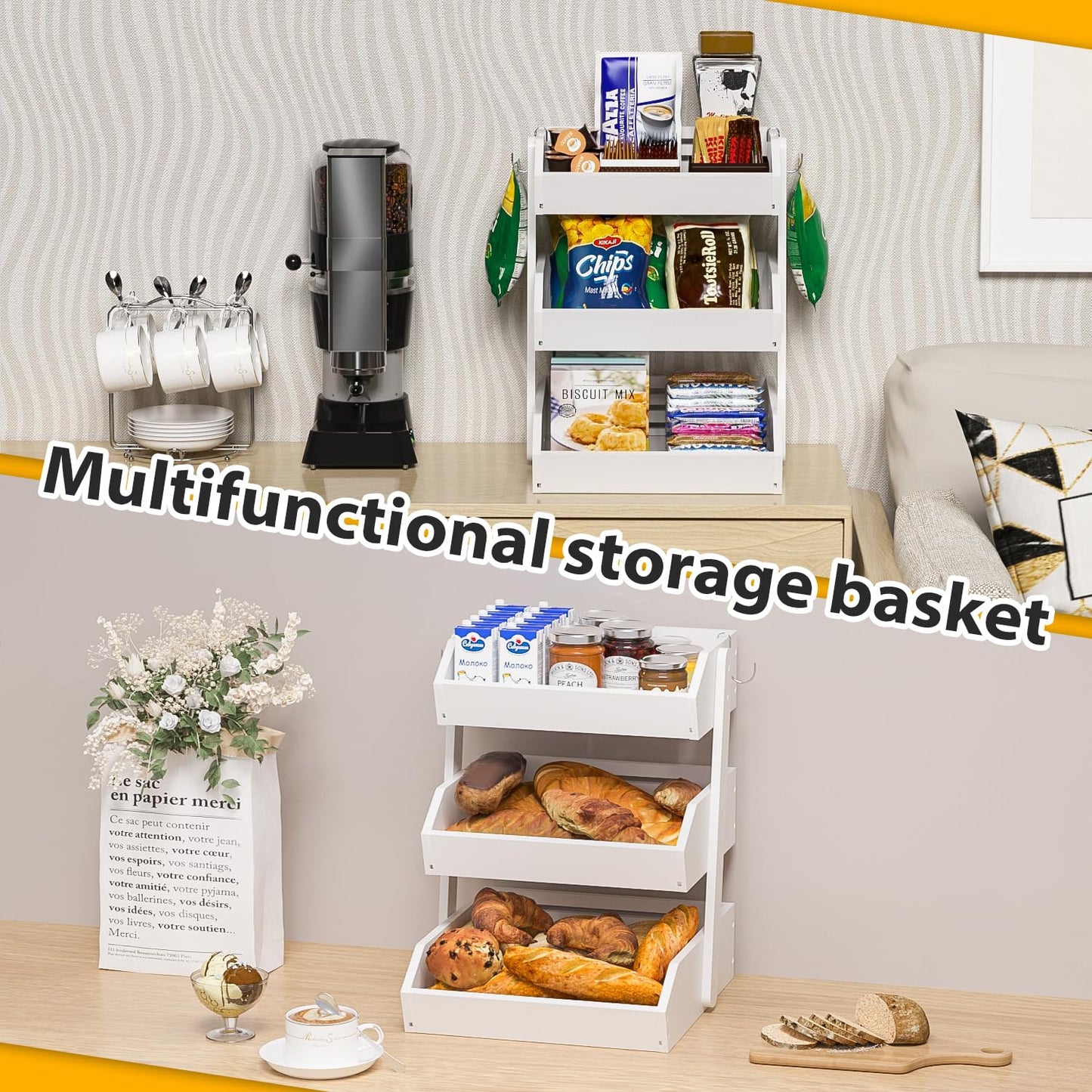 Gmtsl Bamboo Fruit Basket for Kitchen– 3 Tier Fruit Bowl For Kitchen Counter, Large Fruit Holder With Banana Hangers, Idea For Vegetable Storage, Bread Display, Snack Organizer(White)