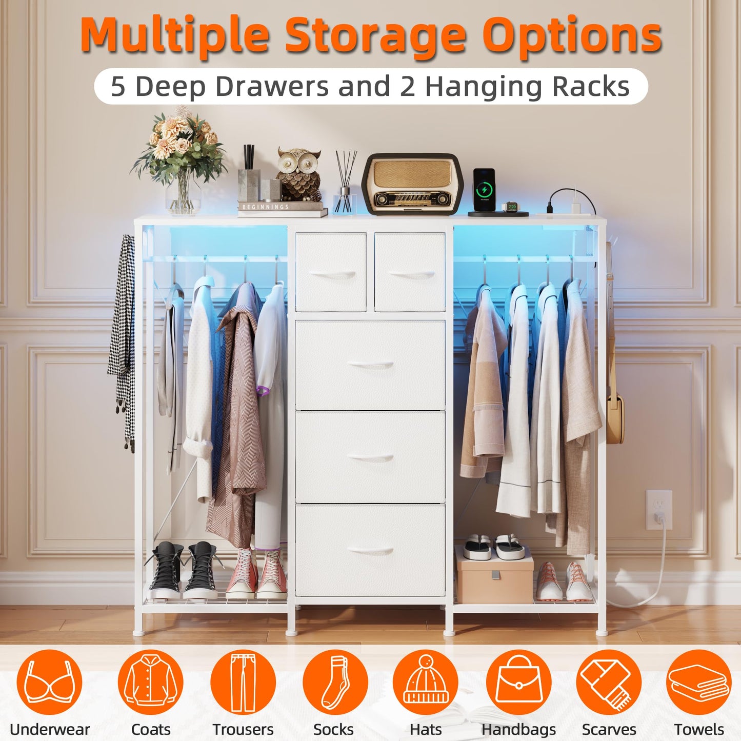 HIGDBFE 5-Drawer Dresser with 2 Hanging Racks, White, 49.2" W