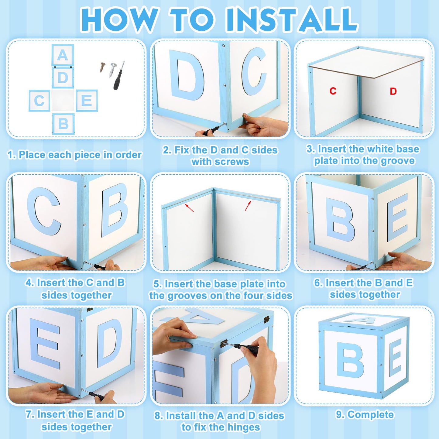 Chunful Wood Baby Shower Box Abc Display Box for Party Decorations with Alphabet Letters Personalized Shower Gifts Basket Party Blocks Backdrop for Boys and Girls(Blue,White)