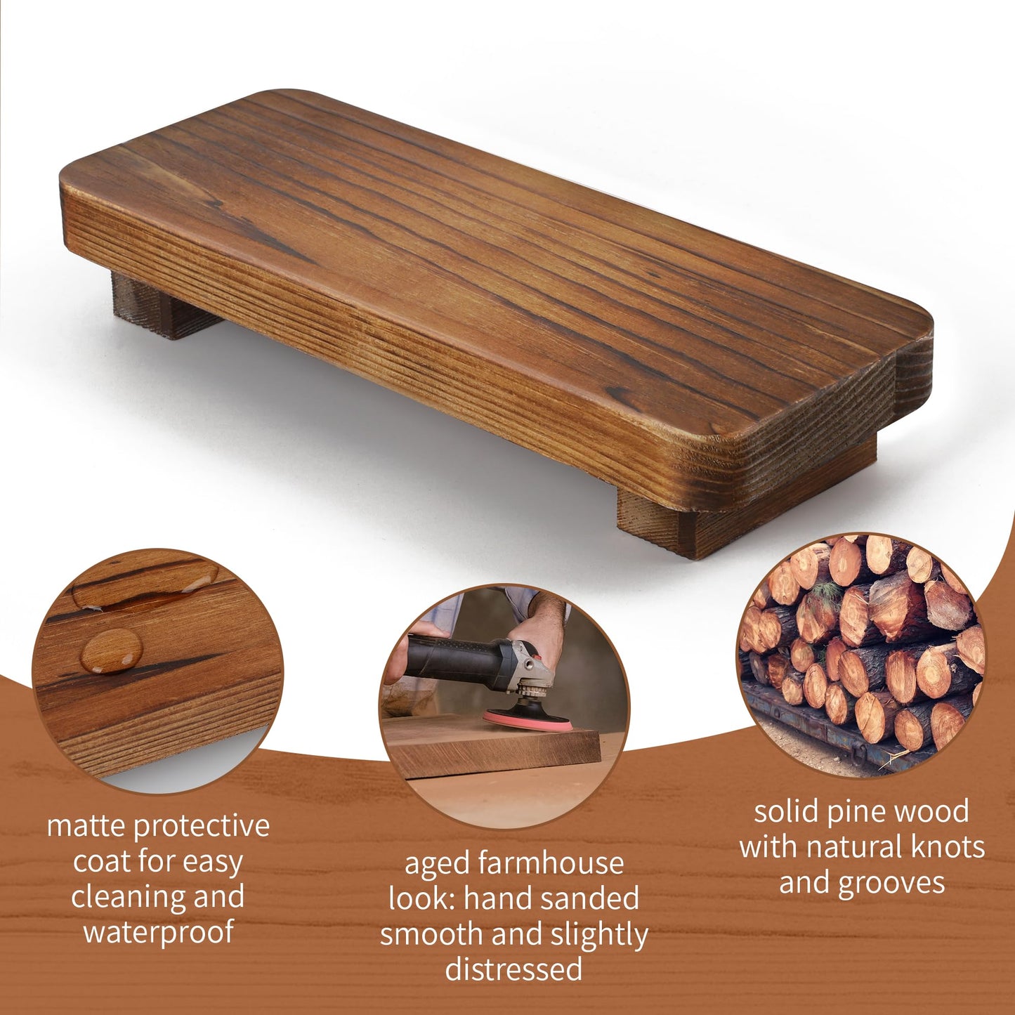 Liswit Farmhouse Wood Tray Rustic Wooden Pedestal Decorative Wood Riser for Farmhouse Kitchen Counter Bathroom Room Decor (Dark Brown)