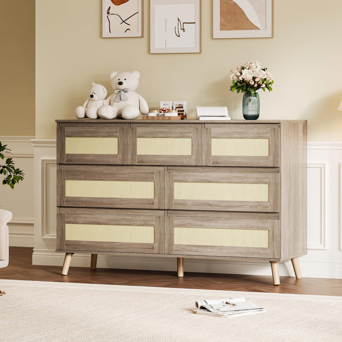 Patikuin Modern Rattan 7 Drawer Dresser for Bedroom, Wooden Chest of Drawers with Storage, Clothes Organizer Cabinet for Nursery, Living Room, Entryway, Natural Finish