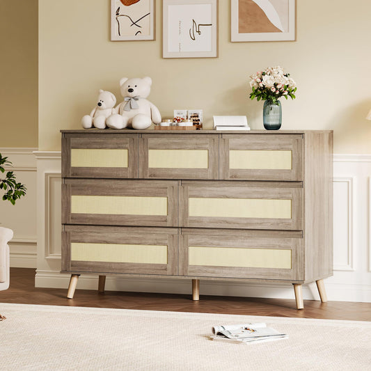 Patikuin Modern Rattan 7 Drawer Dresser for Bedroom, Wooden Chest of Drawers with Storage, Clothes Organizer Cabinet for Nursery, Living Room, Entryway, Natural Finish
