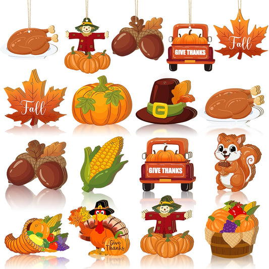 36PCS Wooden Thanksgiving Ornaments for Tree Fall Decorations,12 Styles Thanksgiving Tree Decorations Harvest Ornament Vintage Pumpkin Maple Leaf Cutouts for Crafts Hanging Autumn Hello Fall Truck