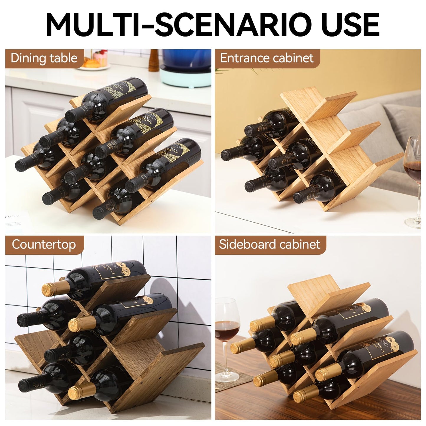 KIRIGEN Wooden 8-Bottle Wine Rack, 3-Tier Countertop Wine Bottle Holder for Cabinets, Bar Cart, Kitchen Counter, Pantry, Dining Room, Wood Stain, 16.73 x 5.91 x 11.14 in, XHJJ3-NA