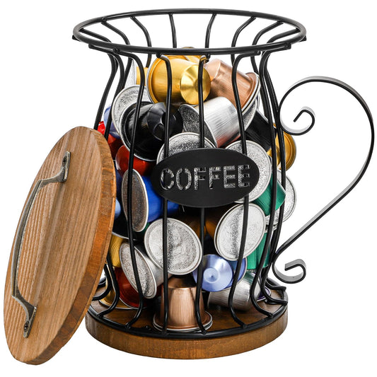 WRINGKIT Rustic Coffee Pod Holder with Lid, K Cup Pods Holder for Counter, Small Cute Black Wire Coffee Pod Filter Storage Basket for Espresso Capsule, Wooden Base, Hold 12 Coffee Pods