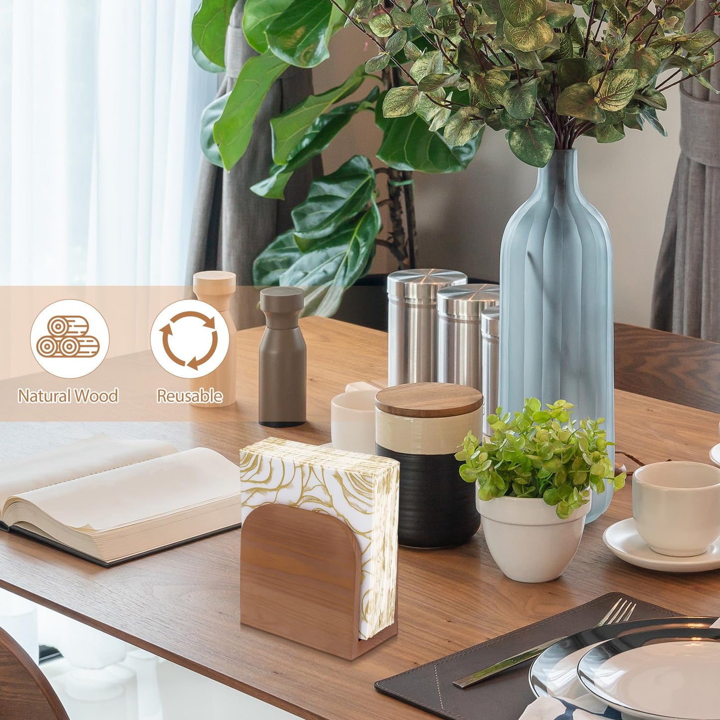 Colingmill 4 Pcs Wood Napkin Holder for Table Upright Paper Napkin Storage Rustic Tissue Dispenser Dispensers for Kitchen Dining Room Table Decor