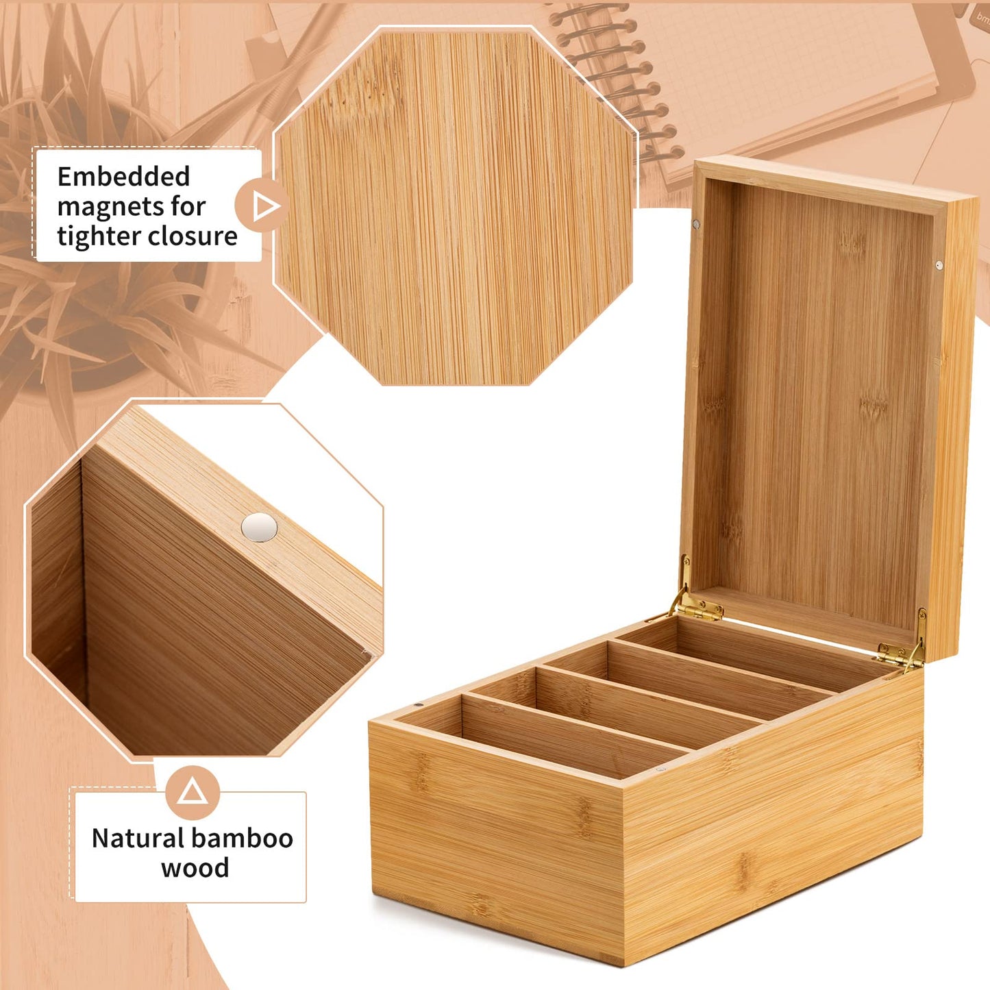 Henoyso 4 x 6 Inch Index Card Holder Set, Bamboo Organizer Box with 50 Dividers & 2 Sheets Alphabet Number Stickers File Note Holders, Holds 1200 Cards for Office Business Home Kitchen, Wooden Color
