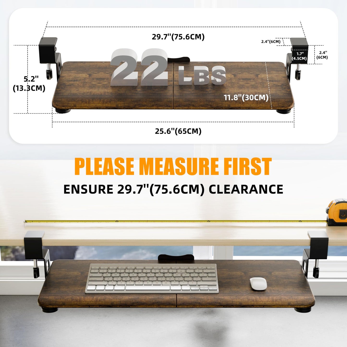 ERGOMAKER Keyboard Tray Under Desk, Pull Out Keyboard Tray with C Clamp Mount, 25.6" (29.7" Including Clamps) x 11.8" Slide-Out Platform Computer Drawer for Typing, Keyboard & Mouse Tray, Rustic Brown