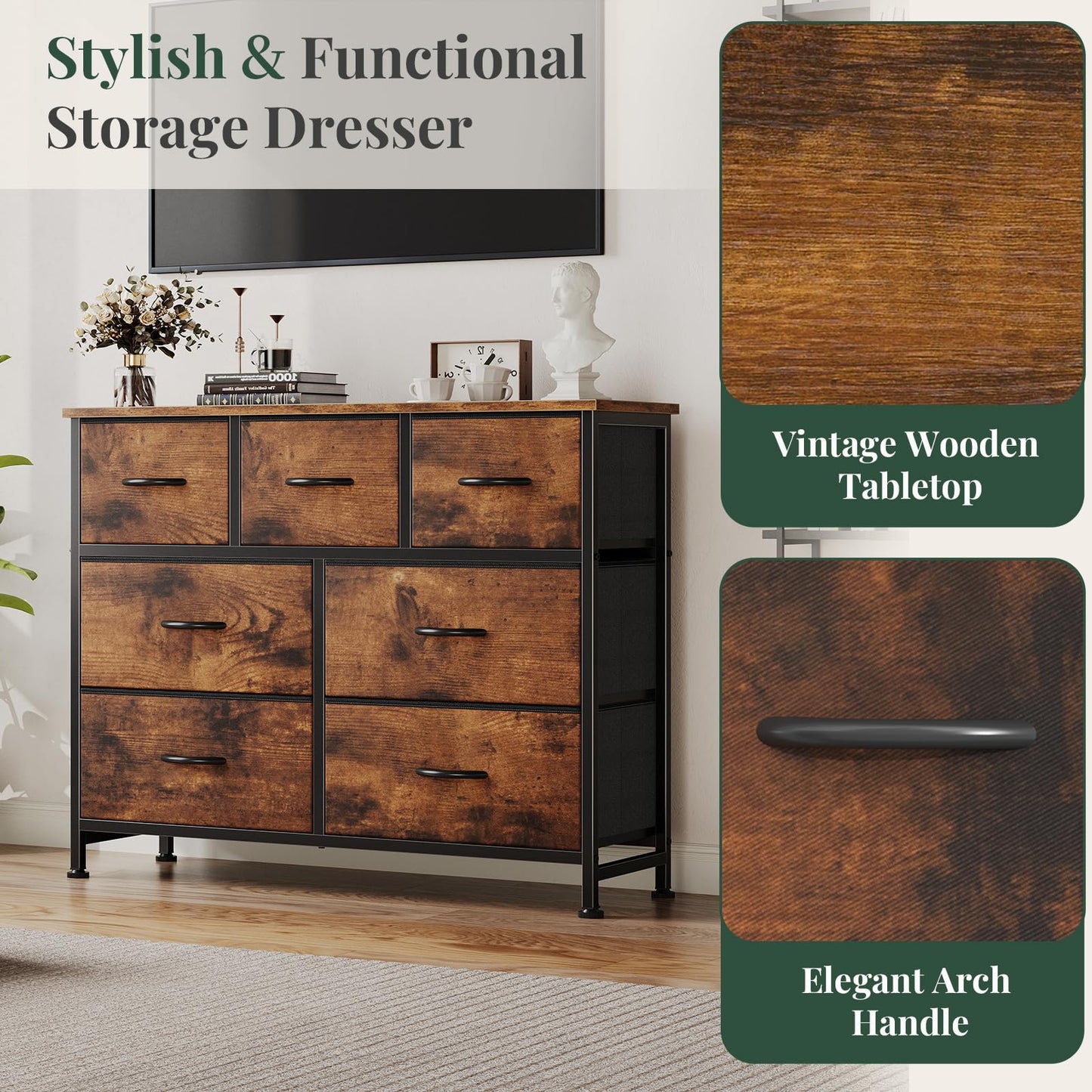 HAPPYMONT Fabric Dresser for Bedroom with 7 Drawers, Chest of Drawers, Wood Top and Metal Frame Organizer for Clothes, Closet, Entryway, Hallway, Living Room Furniture