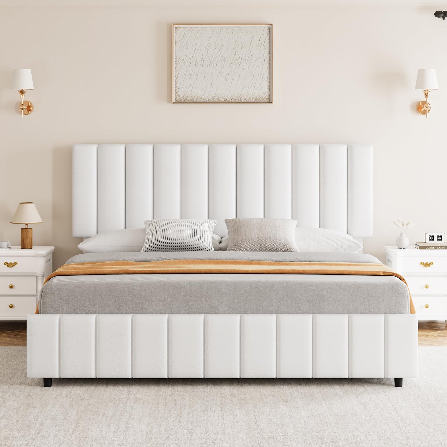 Queen Size Bed Frame with Upholstered Headboard, Queen Platform Bed with 4 Storage Drawers, Wooden Slats Support & Adjustable Headboard, No Box Spring Needed, Noise Free, Easy to Assemble, White