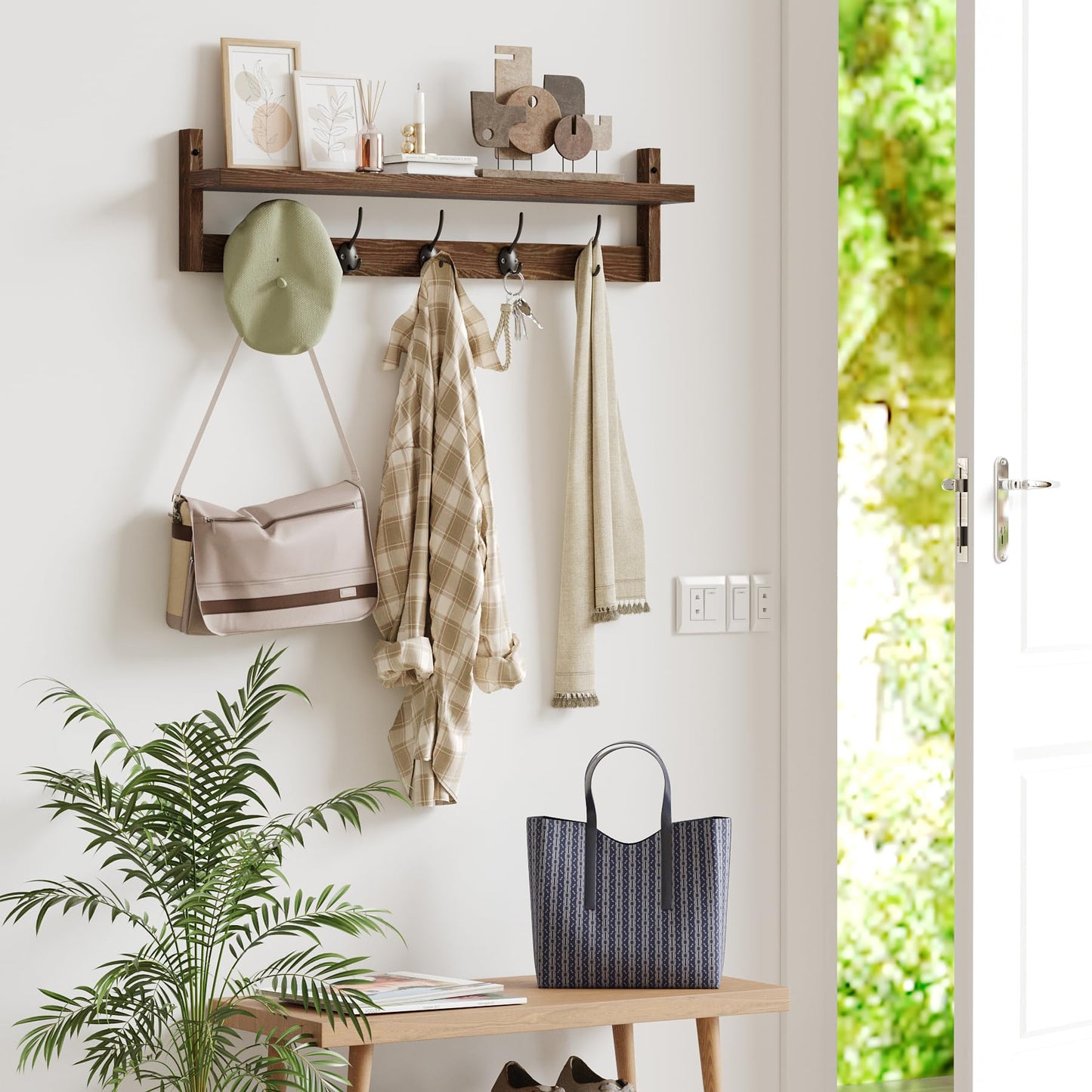 AMBIRD 28.9 Inch Length Shelf with Hooks Entryway Coat Rack Wall Mount Wood Coat Hooks with Shelf Wall-Mounted Coat Hook Rack with 5 Dual Hooks for Bathroom, Living Room, Bedroom (Brown)