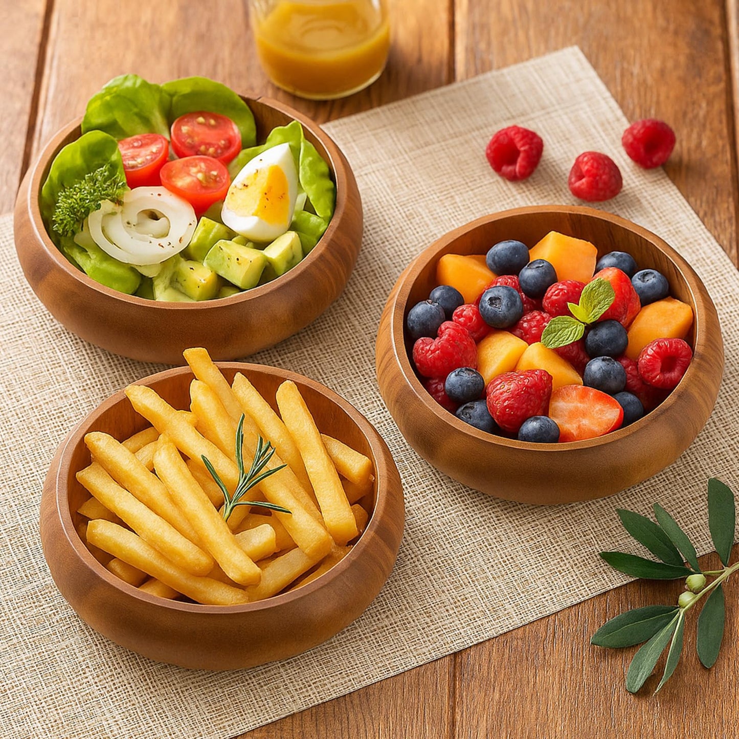 Honeydak 6 Pcs 7.87 Inches Acacia Wooden Bowls Calabash Salad Bowls Round Wood Hand Carved Dip Tray for Serving Popcorn Pasta Dessert Coconut Nuts Sauce Appetizers