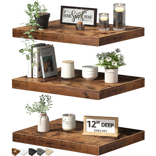 QEEIG 12" Deep Floating Shelves for Wall - 12 x 16 inch Book Shelf Bathroom Bedroom Kitchen Living Room Hanging Bookshelf Farmhouse Set of 3, Brown (026-40BN3)