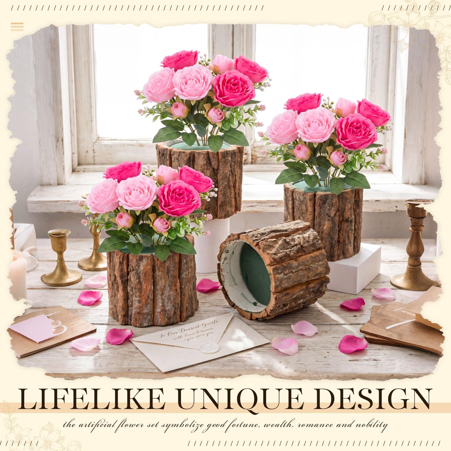Domensi 6 Sets Wedding Floral Centerpiece for Table Decor Artificial Peonies Silk Flowers Bouquet with Flower Foam and Wooden Vase Faux Floral Arrangement for Bridal Shower Woodland Party(Rose,Pink)