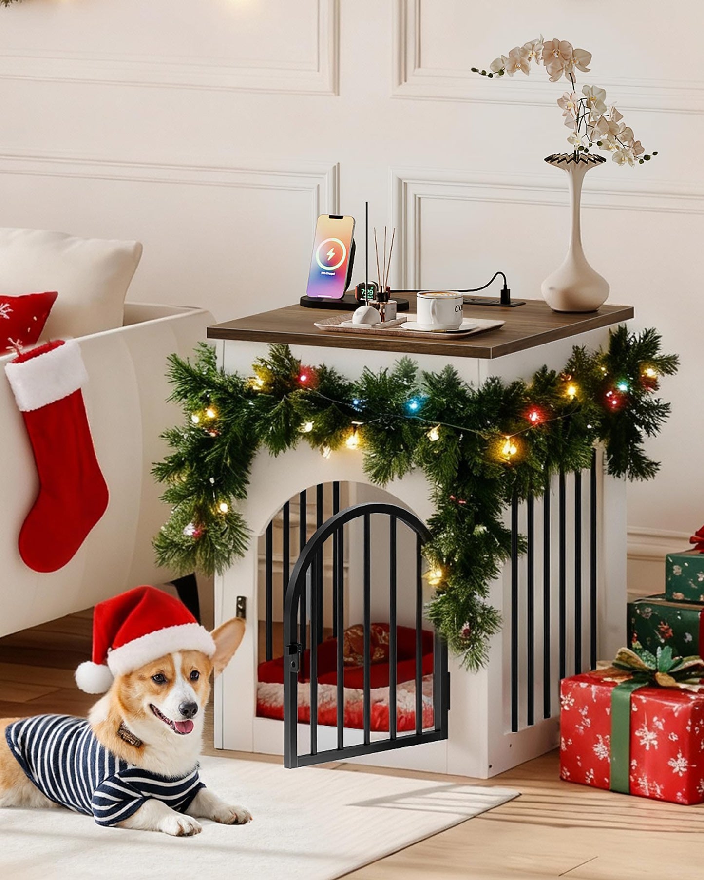 CHOEZON Dog Crate Furniture, Wooden Dog House with Charging Station and Storage Drawer, Indoor Pet Crate End Table for Small Breeds, Dog Kennel for Living Room, Bedroom, White and Walnut MGW01UWL