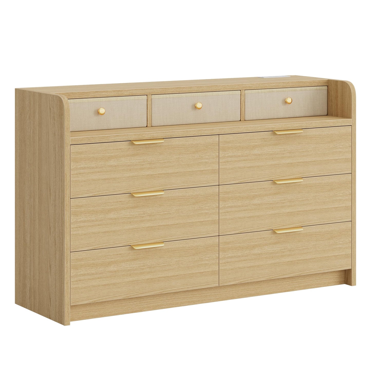 MapleGrace 53'' Wide 9 Drawer Dresser for Bedroom, Wood TV Stand Dresser with Power Outlets & LED Light, Chest of Drawers Closet Store Organizer for Living Room, Hallway, White