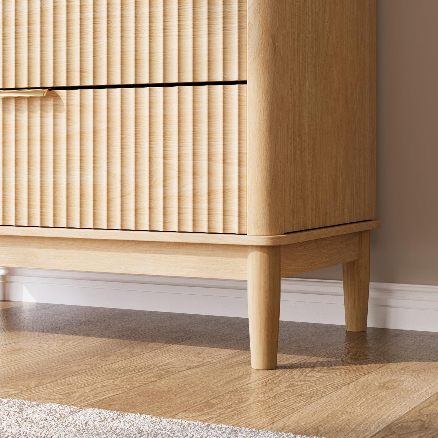 LINSY Fluted Dresser for Bedroom with 5 Drawers, Mid Century Modern Chest of Drawers with Gold Metal Handles, Tall Boho Wood Dressers, Large Farmhouse Storage Cabinet for Bedroom, Living Room, Oak