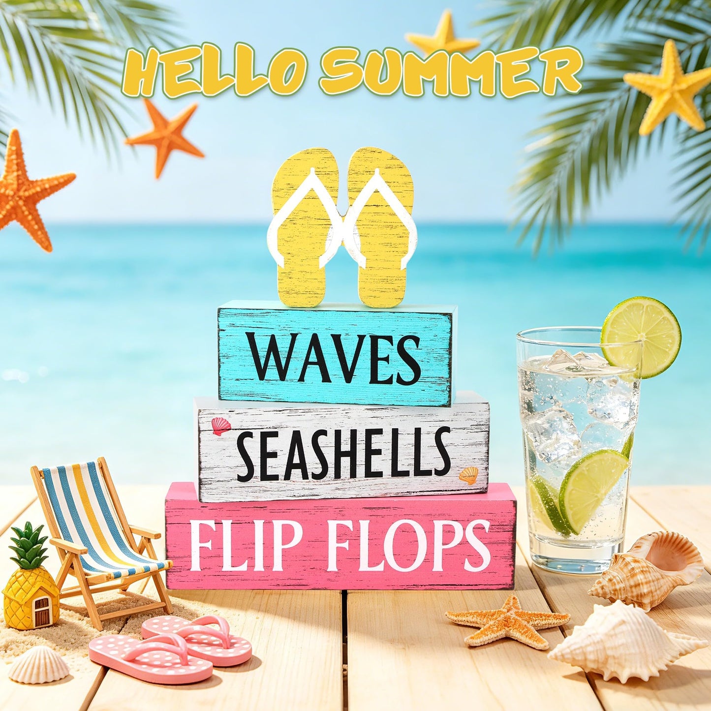 4 Pcs Summer Wooden Tiered Tray Decor, Flip Flops Decorations Gifts for Home, Summer Table Centerpiece for Beach Mantel Party Kitchen Hawaii