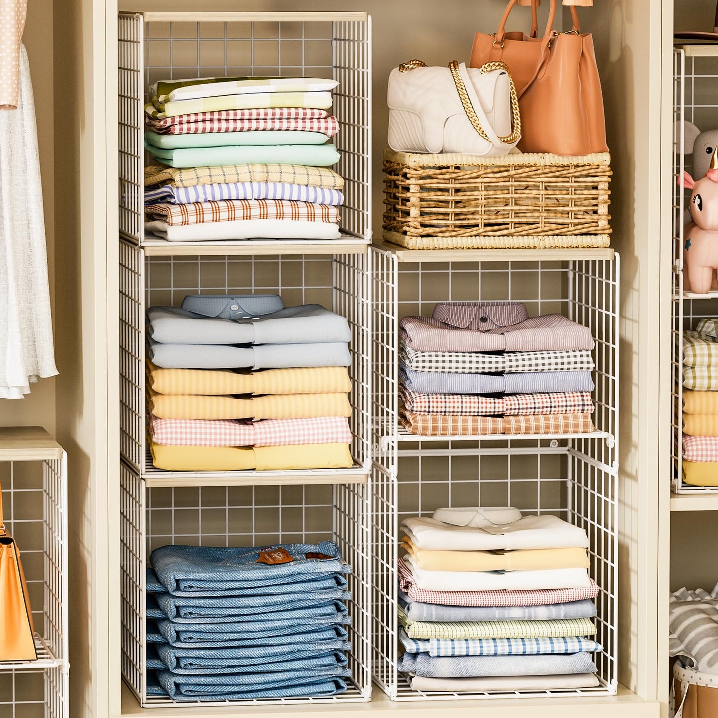 Hencawima 5PCS Stackable Closet Organizers and Storage, Closet Shelves with Wood Top Extra Storage, Clothes Storage Organizer Basket Bin/Cube for Home Wardrobe Organization(White-Sturdy Metal)