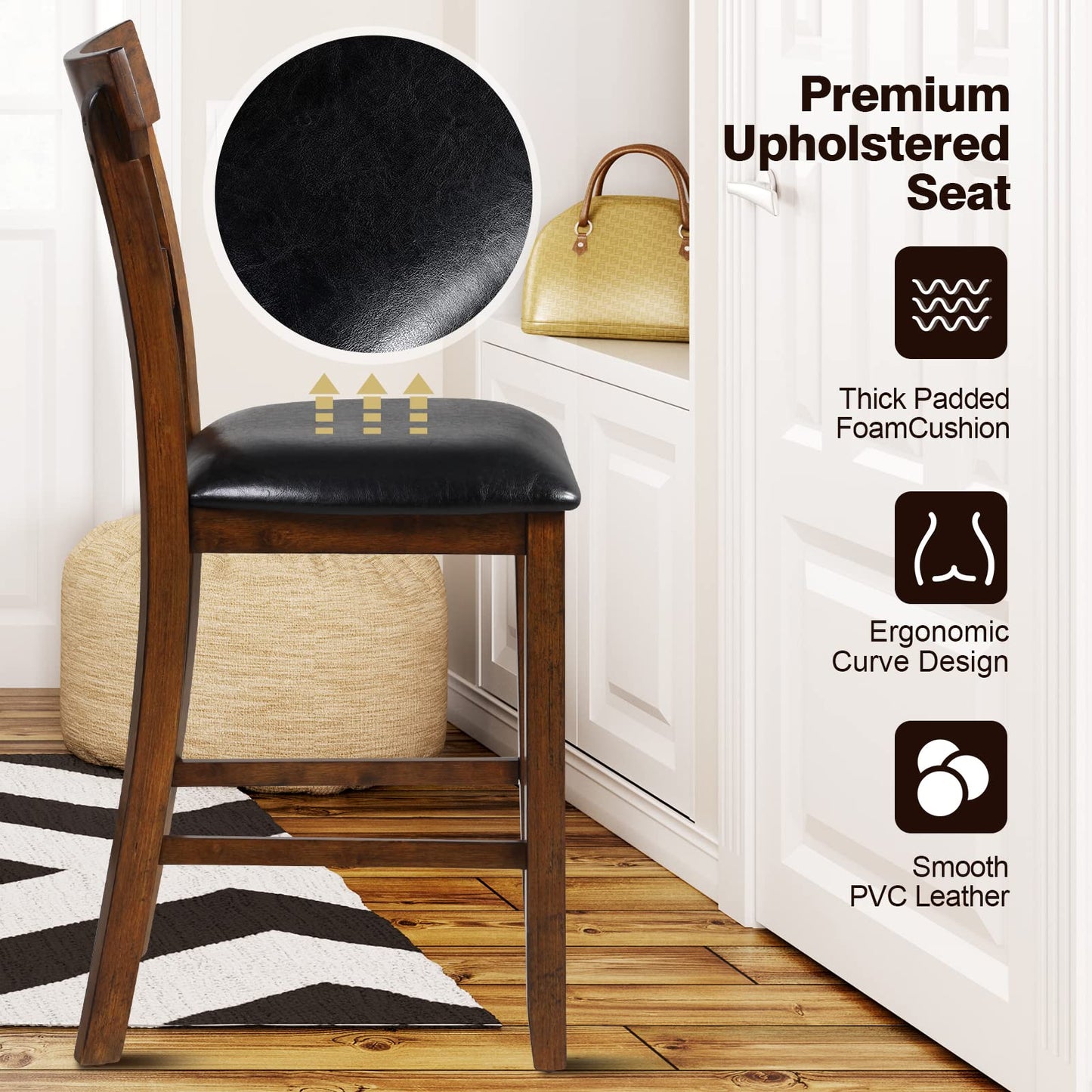 NAFORT Counter Height Bar Stools Set of 4, Farmhouse 25.5” Wood High Dining Chairs, Counter Stools with Back for Kitchen Restaurant Bar, Rubberwood Legs & Black PU Leather Cushion