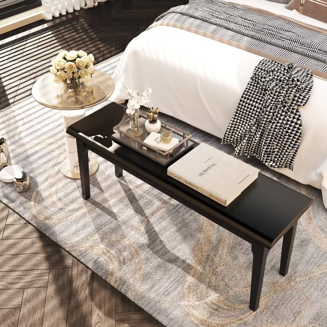Wilk Wooden Entryway Bench, 47’’ Indoor End of Bed Bench, 100% Solid Oak Wood (Black)