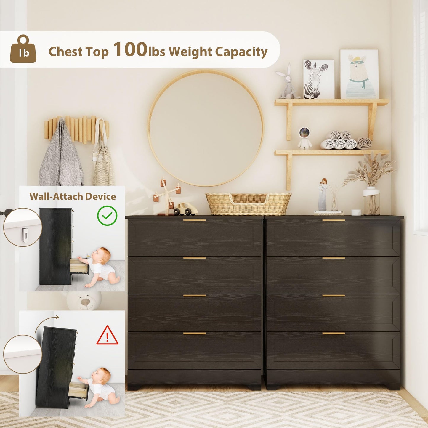 FTZxHKLX Modern 4 Drawer Dresser for Bedroom, Tall Bedroom Dresser with Large Drawer & Rose Gold Handles, Wooden Storage Organizer Cabinet Chest of Drawer for Closet, Living Room, Hallway, Black