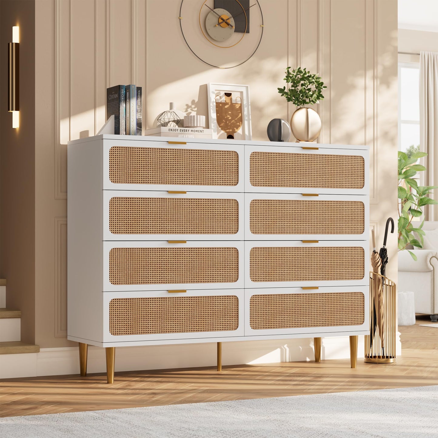 GarveeHome Rattan 8 Drawer Dressers for Bedroom, Tall Dresser with Deep Drawers, Large Chest of Drawers for Closet with Wide Top, Long Wooden Dresser for Living Room, Hallway, Kids Room, White