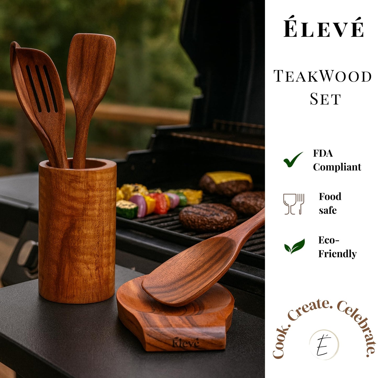 Élevé Natural Teak Wood Cooking & Serving Spoons Set (9-Piece) | Wooden Kitchen Utensils with Holder & Spoon Rest | Non-Stick Safe, Food-Grade, Durable & Elegant Cookware Tools