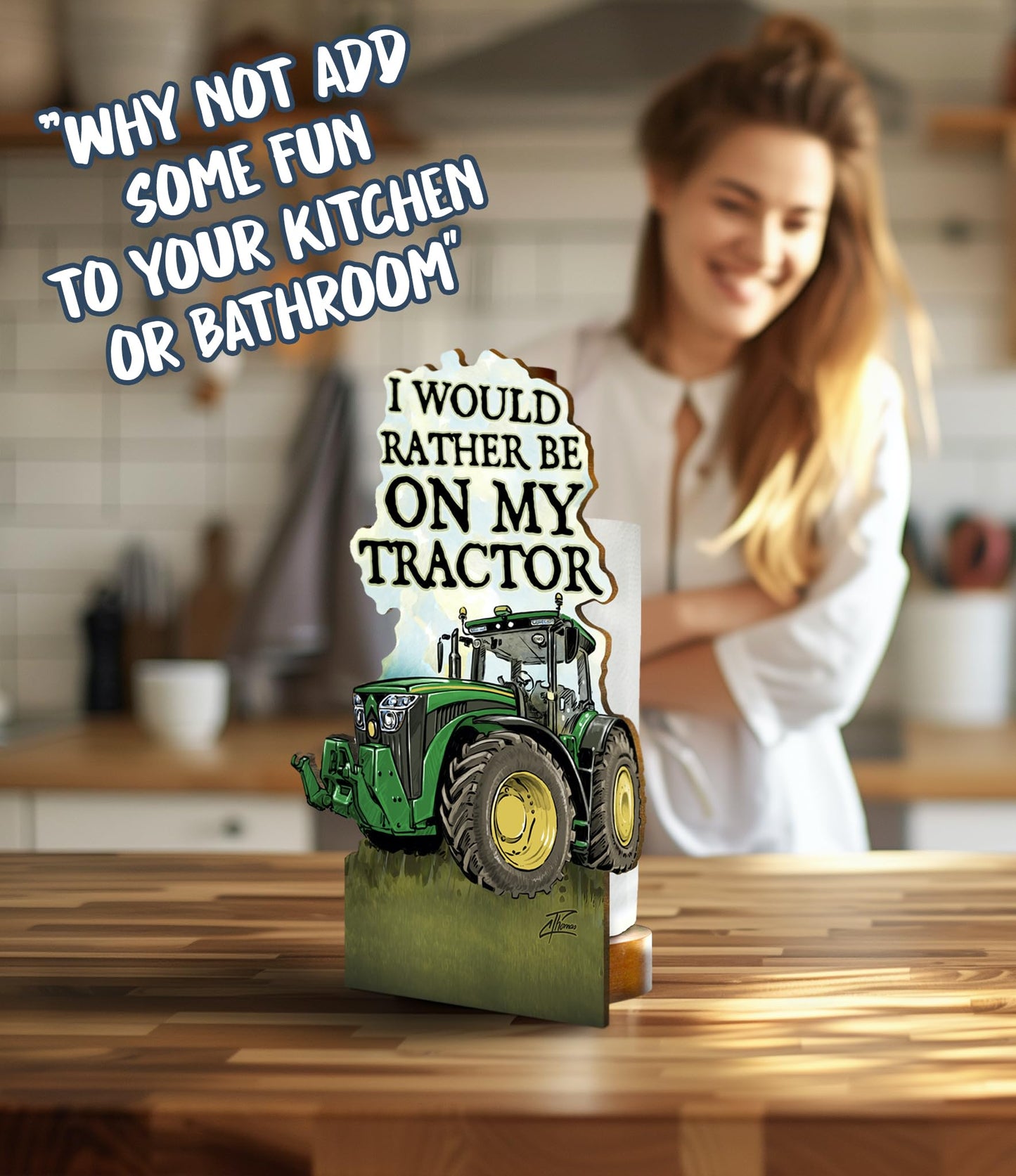 British Fun Toilet Roll Storage & Kitchen Towel Holder Wooden Stand | Green Tractor Gift | Novelty Kitchen & Bathroom Decor & Accessories | A Great Gift Idea for Young Farmers and Tractor Enthusiasts