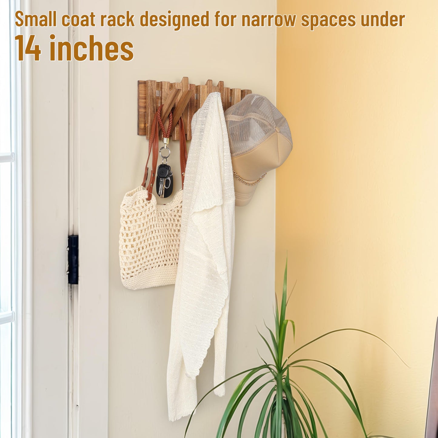 KYIAANY Small Coat Rack for Apartment: 13.2Inch Wood Rustic 8 Hooks Wall Mount Retractable for Narrow Spaces Entryway Bathroom for Hanging Light Items Jacket Towel Dog Leash Bag