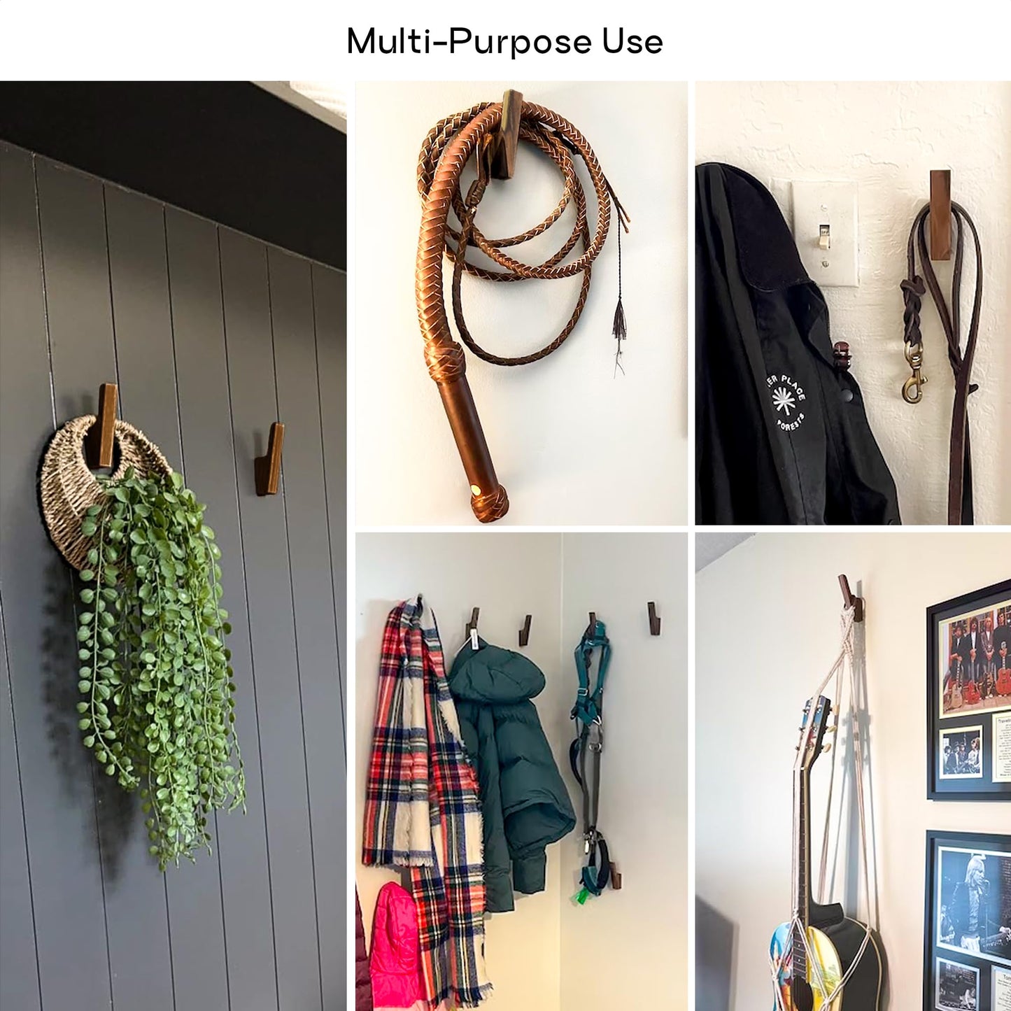 Wall Hooks - Set of 4 - Dark Walnut or Light Ash Wood Coat Hooks for Hanging Hat, Purse, Backpack, Bag, Jacket. Modern Farmhouse Decor for Wall and Practical Entryway Hooks (Walnut Wood)