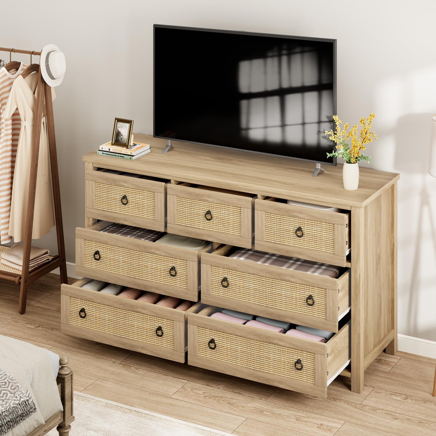Garvee 7 Drawer Dresser, 54" Wide Rattan Chest, Natural Oak Finish