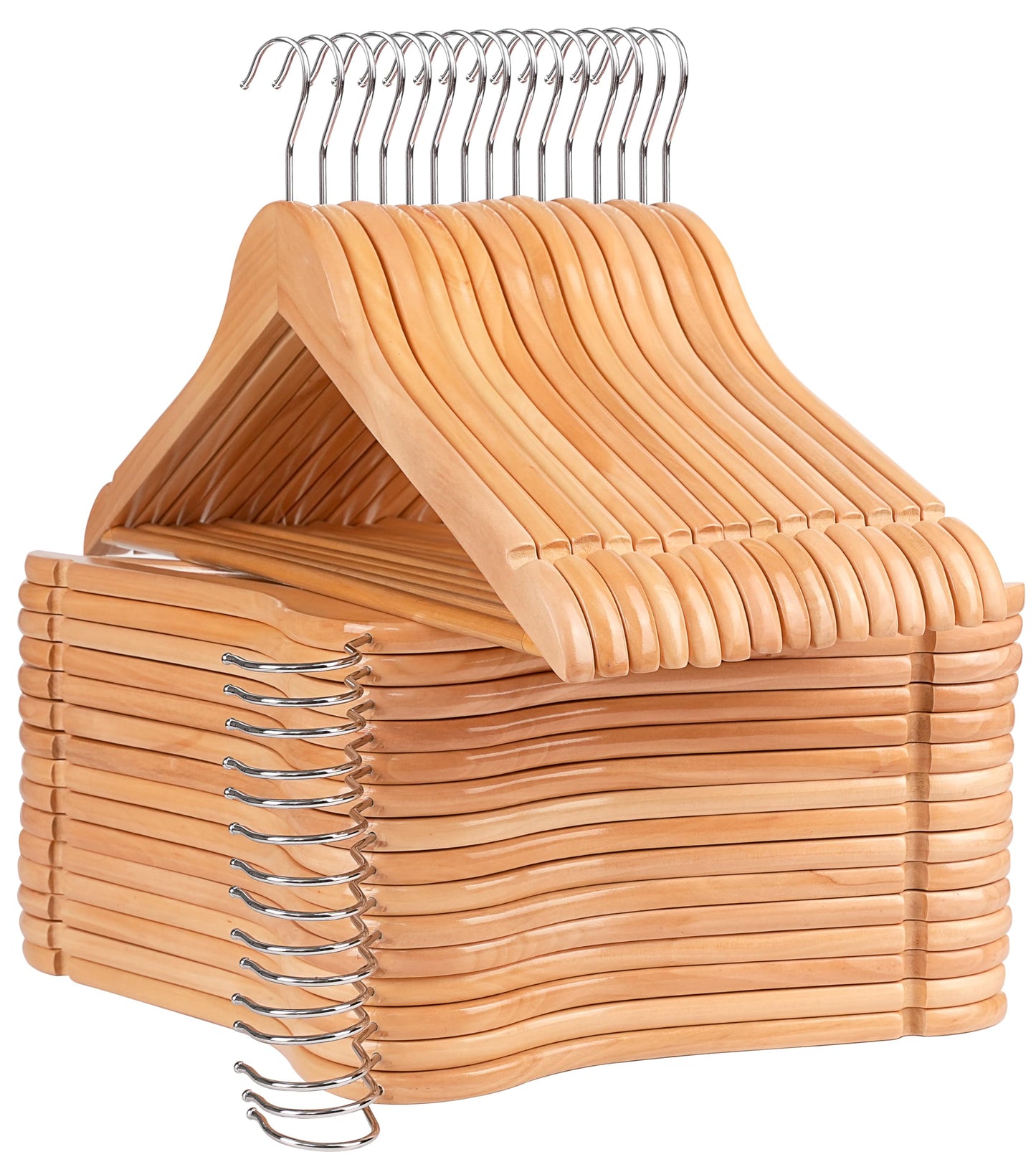 Wooden Hangers 30 Pack, Non-Slip Wood Hanger with 360°Swivel Hook & Notches, Durable & Slim Coat Hangers for Shirt, Suit, Jacket, Dress, Natural-HL01N3