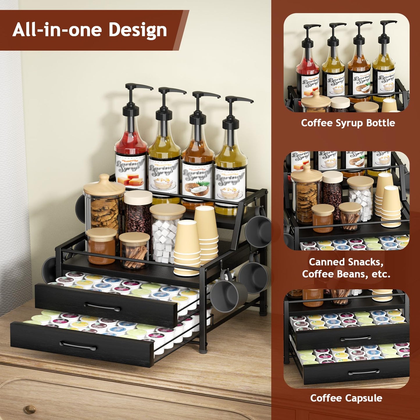 Homsorout Coffee Syrup Rack Organizer - 4-Tier 8 Syrup Wine Bottles Stand with 82 Storage Drawer for K Cups, Coffee Pod Holder for Countertop, Bar Station, Kitchen, Black