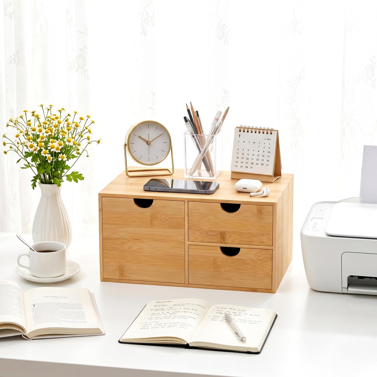 Wisuce Desk Organizer with Drawers - Bamboo Desktop Organizer Storage Natural Wood Desk Drawers Organizer for Bills, Office Supplies, Cosmetics, Seals No Assembly Required 3 Drawers（left-right)