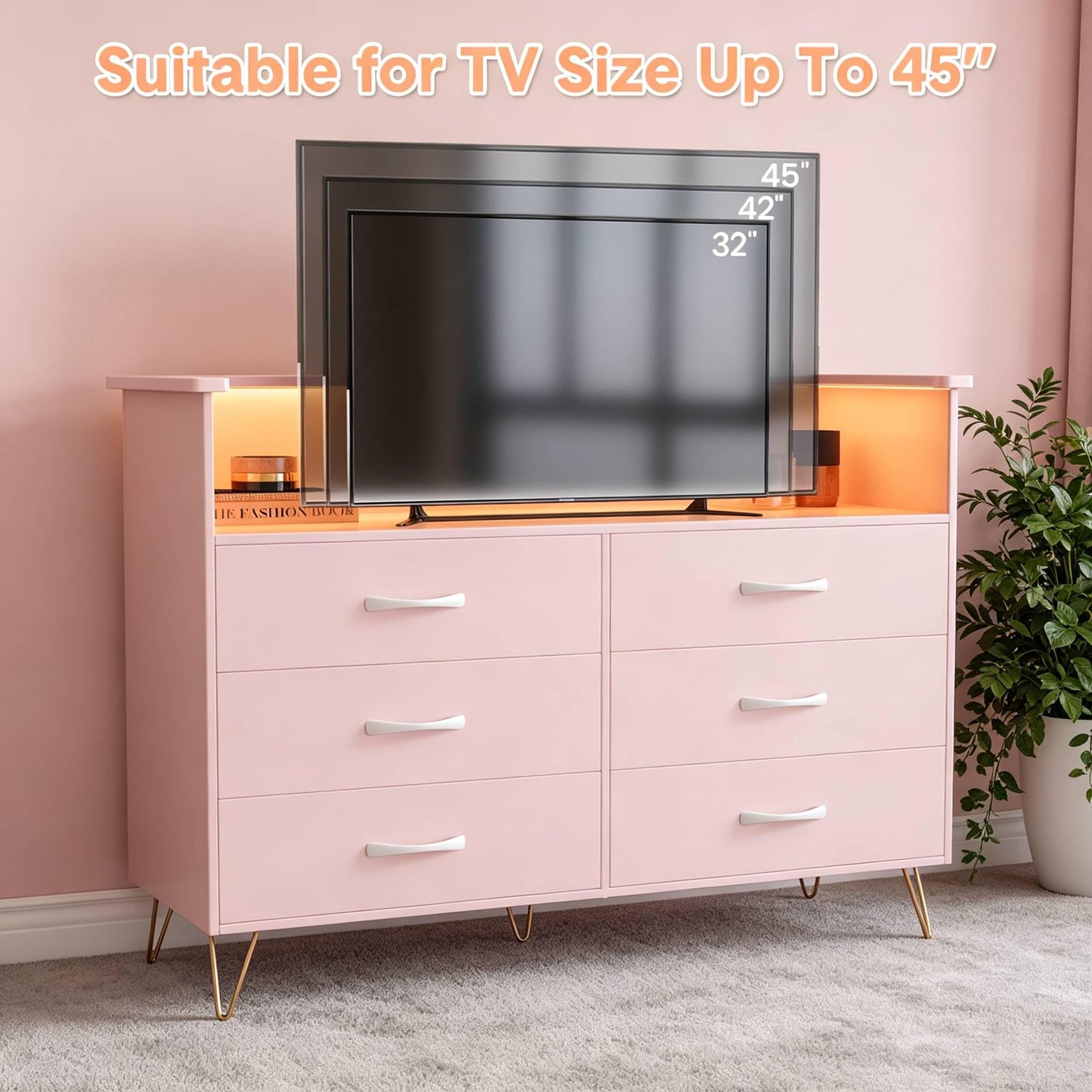 GarveeHome Modern 6-Drawer Dresser with Power Outlet & LED Light | Wooden Chest with 2-Tier Open Shelves & Wide Drawers for Bedroom, Living Room, Entryway, or As a TV Stand