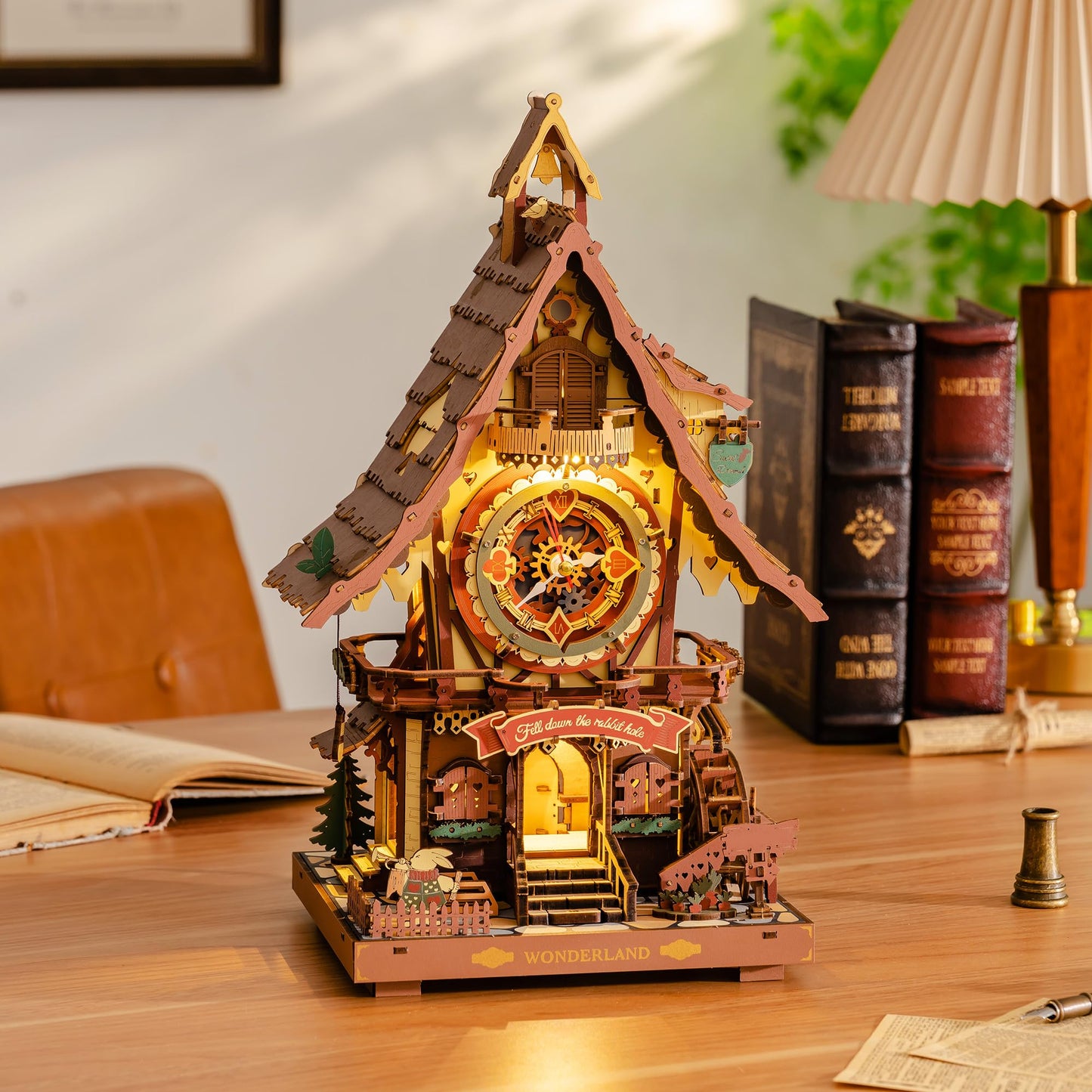 ROBOTIME 3D Wooden Puzzles for Adults-Cuckoo Clock Wooden Models for Adults to Build-435 Piece Model Kit with 2 Lights-Gift for Craft Enthusiast Model Building Set (Colourful)