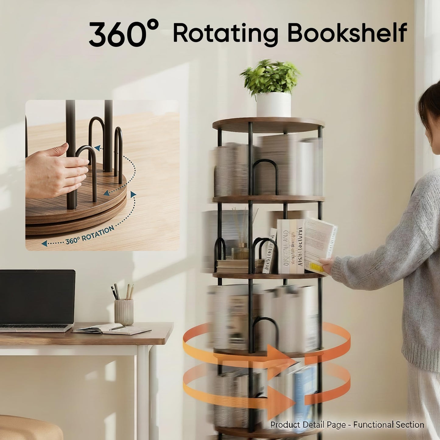 5 Tier Rotating Bookshelf, Corner Wooden, Metal Skinny Bookshelf for Toy Lego Dispaly Book Shelf Room Storage Organizer Furniture Black Tall Bookcase for Bedroom Living Room Office Kitchen Shelf