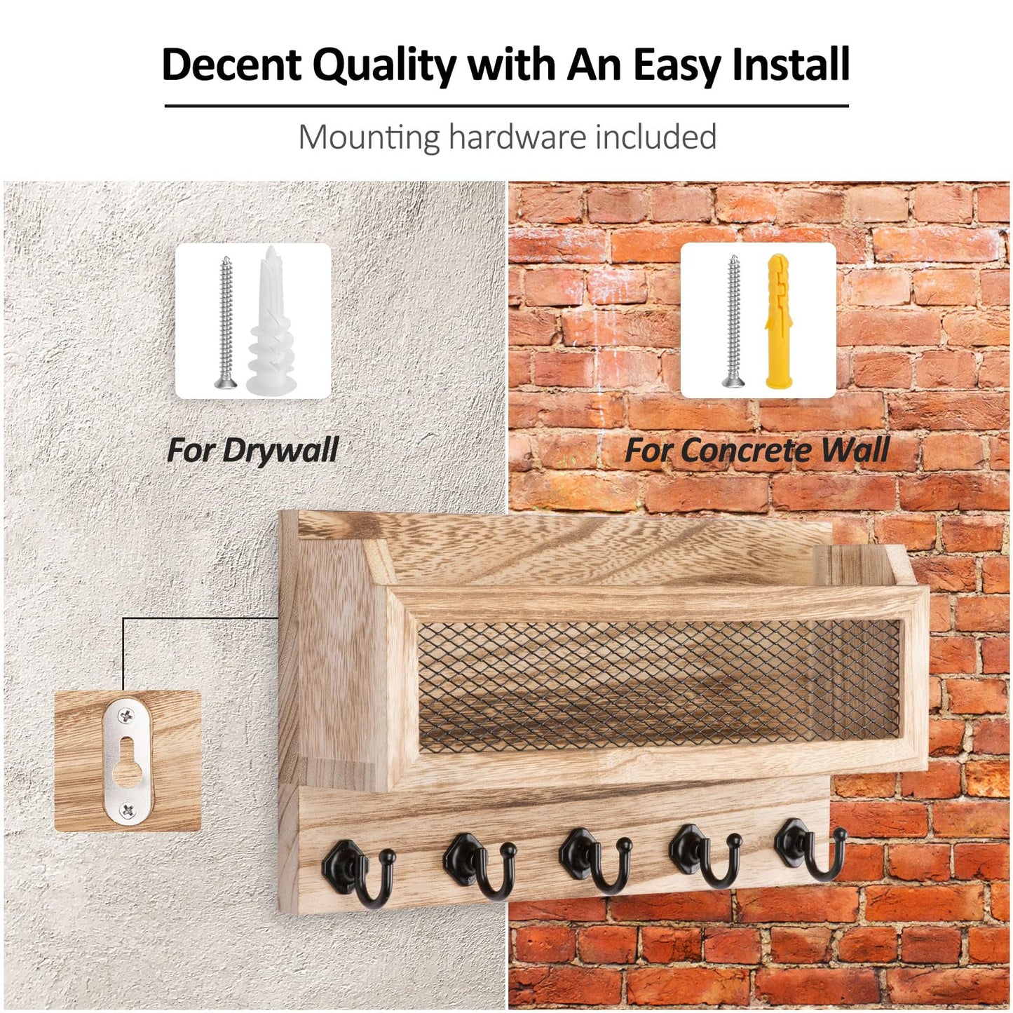 Nekon Mail and Key Holder for Wall Decorative, 11 Inch Wooden Wall Key Organizer with 5 Key Hooks, Wall Mount Storage Shelf for Entryway Hallway (Wood)