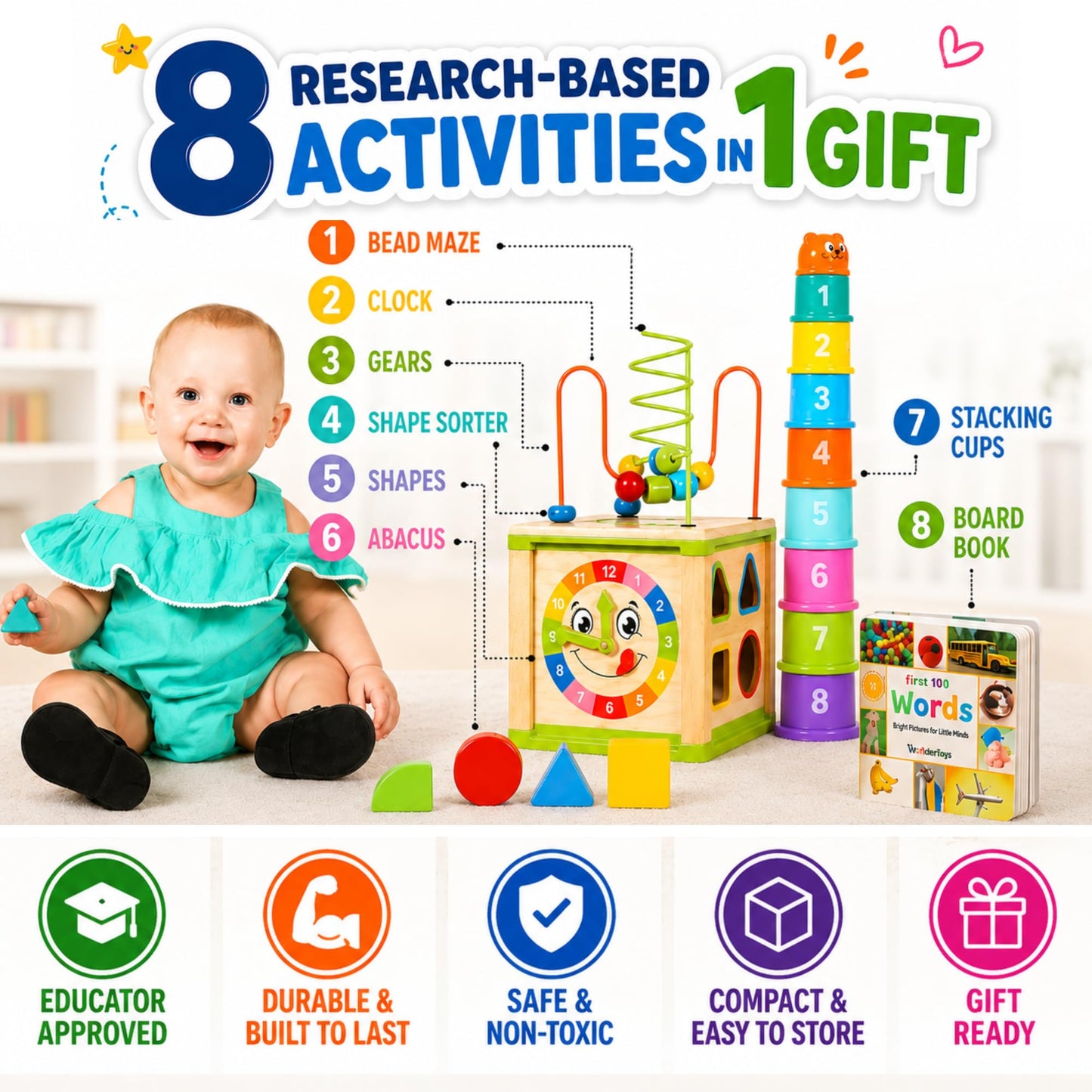 Wooden Activity Cube for 1 Year Old - 1 Year Old Boy Gifts - 1 Year Old Boy Toys - Educational Toys for 1 Year Old - Busy Cube with Bead Maze Toy - Baby Stacking Cups & Board Book - Blue Gift Box