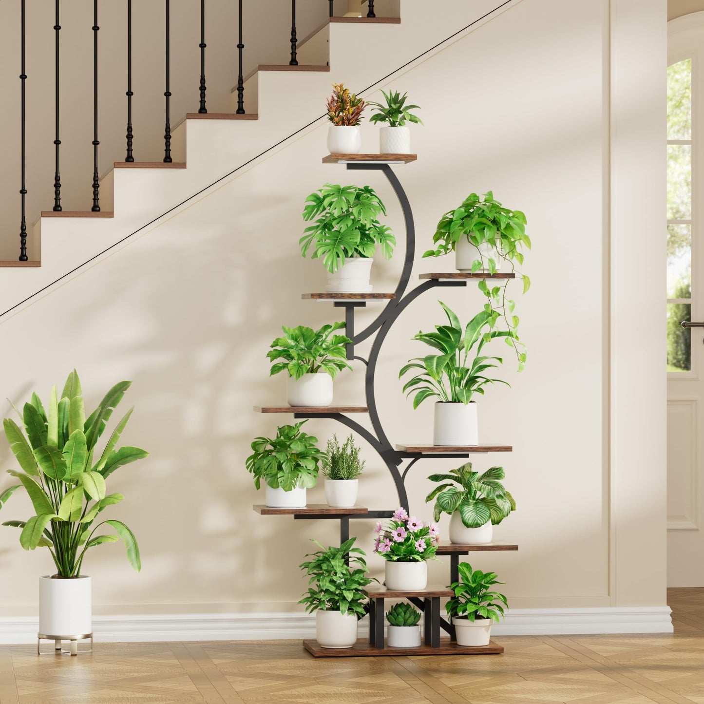 Plant Stand Indoor with Grow Light: Lighted Plant Stands 56.5" Tall, 9 Tiered Large Plant Shelf for Indoor Growing, S-Shaped Flower Holder Display for Multiple Plants, Living Room, Patio (Black)