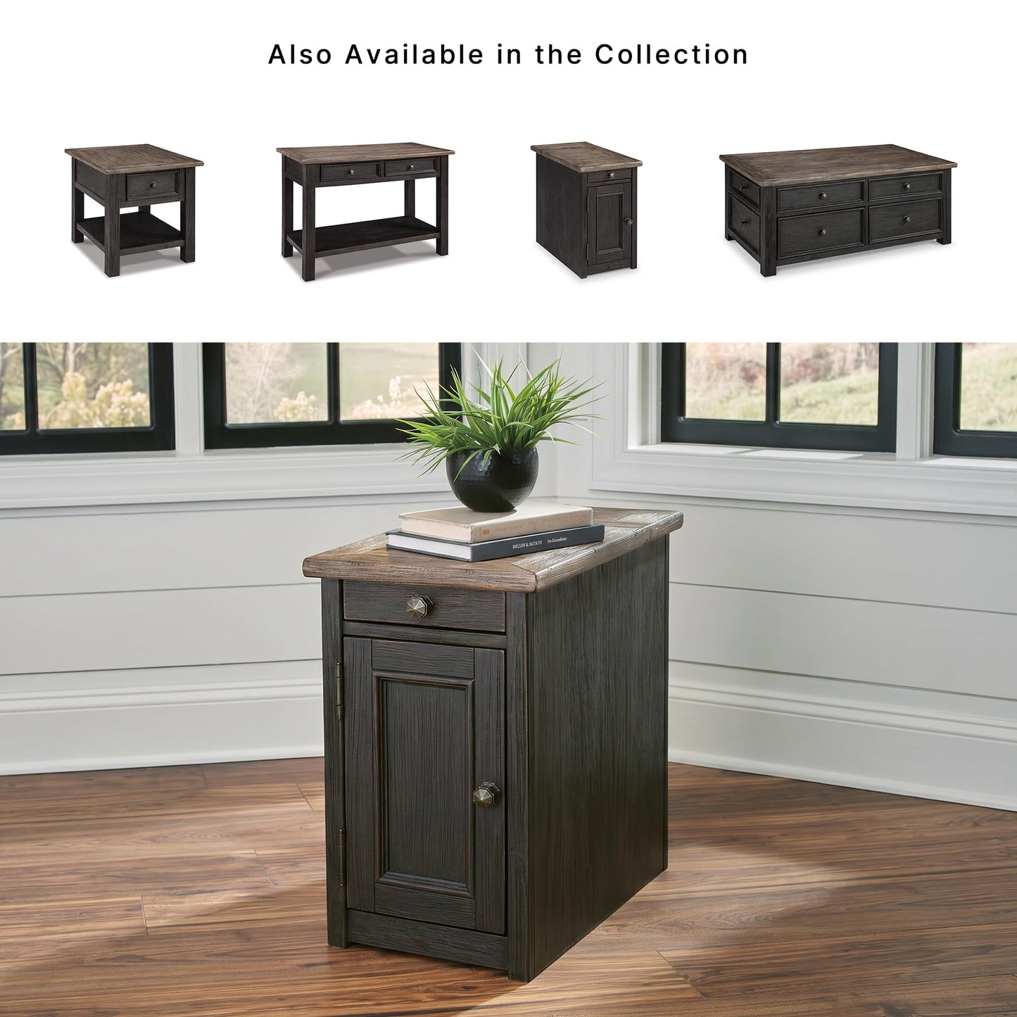 Signature Design by Ashley Tyler Creek Rustic Chair Side End Table with Pull-Out Tray & USB Ports, Brown