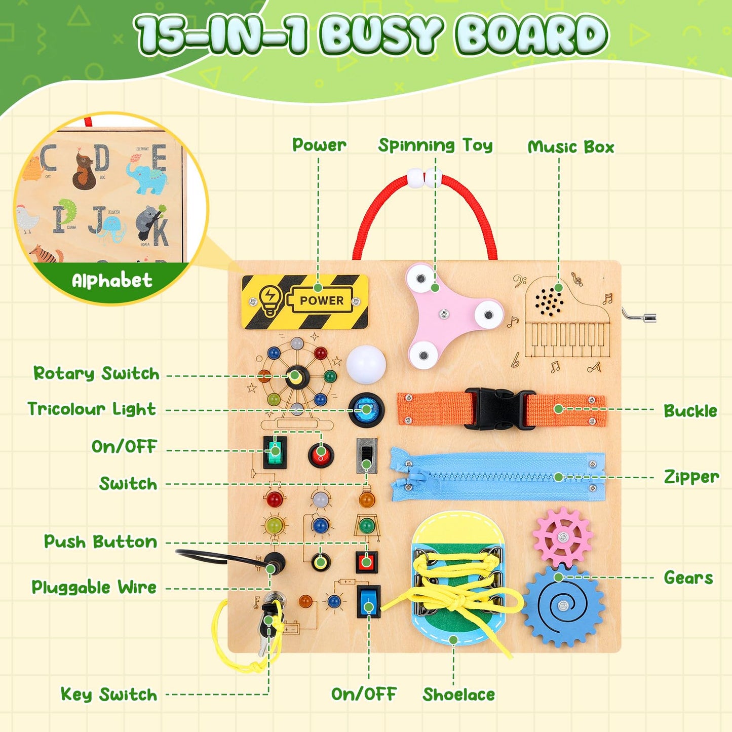 MoKo Montessori Busy Board Toys for 3+ Years Old Wooden Sensory Toys Board with LED Light Up Switch, Locks, Zippers, Music Boxes Learning Educational Fidget Toy for Toddlers Boys & Girls