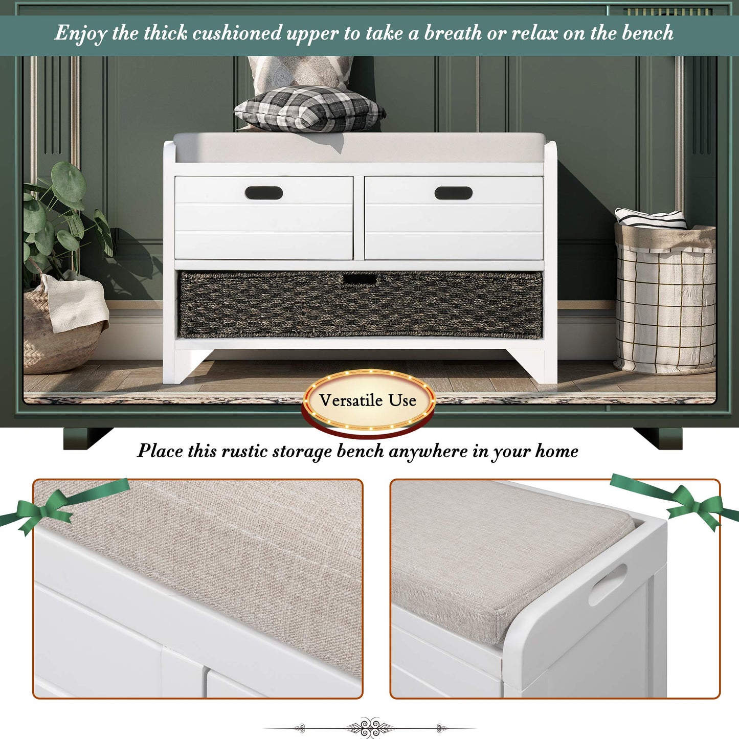 Merax White Classic Wood Entryway Bench with 2 Drawers, Large Rattan Basket and Removeable Seat Cushion for Hallway Front Door, Type 5