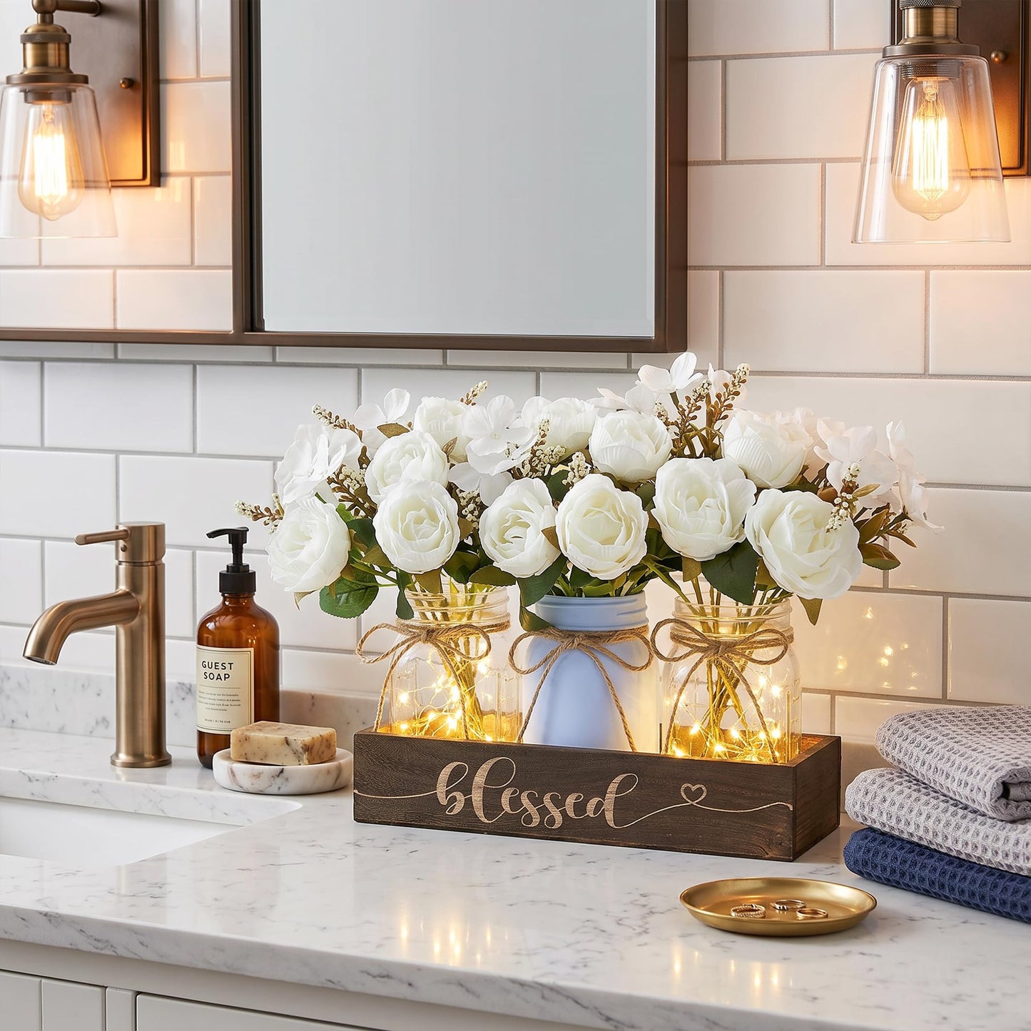 Fancyplus 3 Pcs Mason Jar Centerpiece with Wood Tray & LED Light, Farmhouse Table Decor for Dining Room Kitchen Living Bathroom, Blue