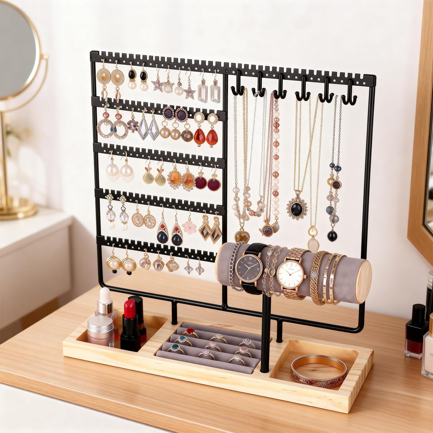 Ciormis 5 Tier Jewelry Holder Organizer, 72 Holes Earring Tree Holder Organizer 12 Hooks Necklace Rack Display Holder with Ring Storage Tray Bracelet Display Holder for Preppy Girl Friend Gift(Black)
