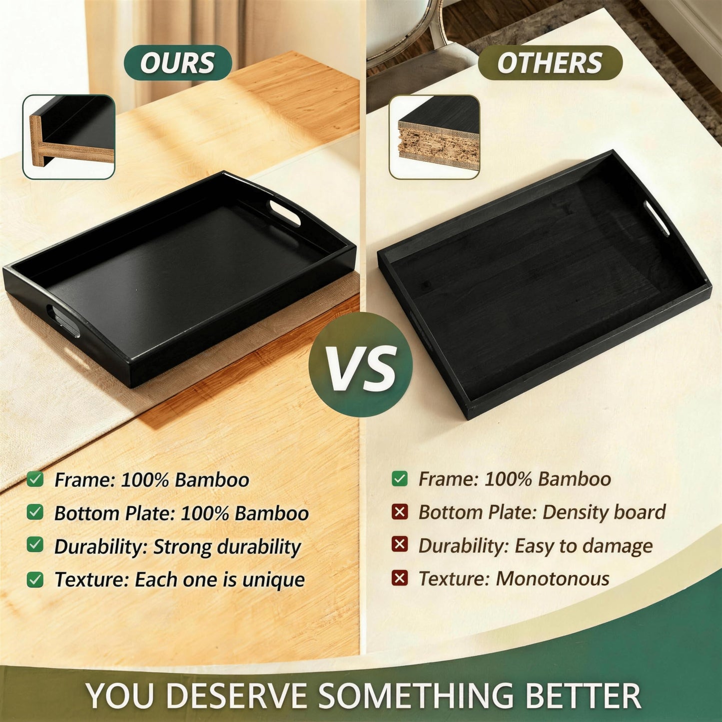 Bamboo Serving Tray with Handles, Set of 2, Wooden Serving Trays for Ottoman, Coffee Tray, Large Serving Tray with Flat Handles, Black Wood Tray for Living Room